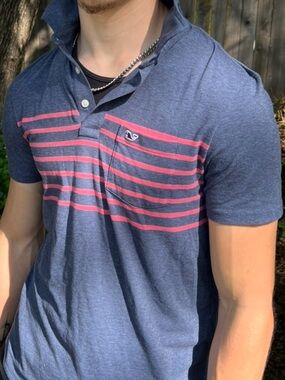 Vineyard Vines Men Navy Polo Pink Stripe SHIRT EDGARTOWN TENNIS RUGBY SPORT